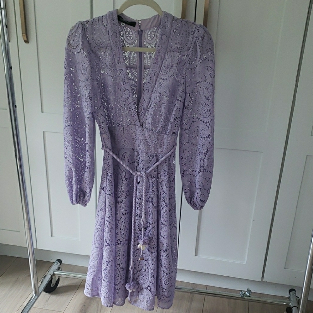 Pesaro Purple Eyelet Lace Dress Womens M Lined Long Sleeve Boho Fit Flare Midi - Picture 4 of 8